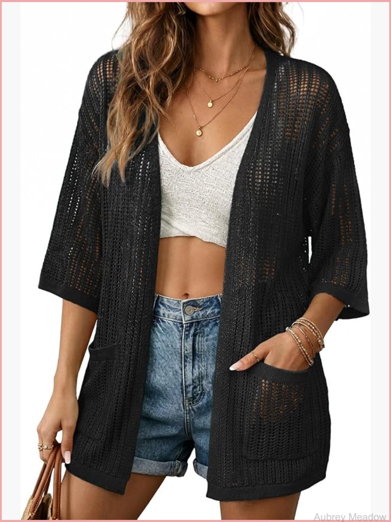 Lightweight Crochet Cardigan 3/4 Sleeve Open Front Sheer Knit Boho Kimono With